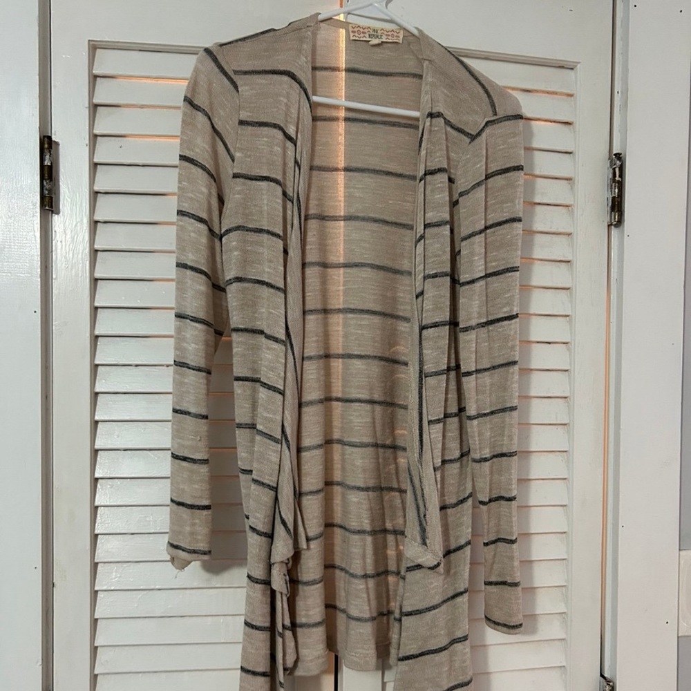 Striped long open front cardigan